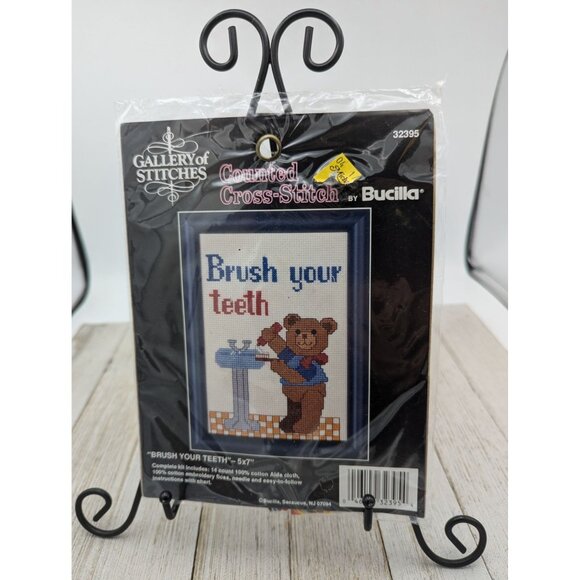 Bucilla Counted Cross-Stitch Kit "Brush Your Teeth" 5x7 With Teddy Bear Design - Picture 1 of 5